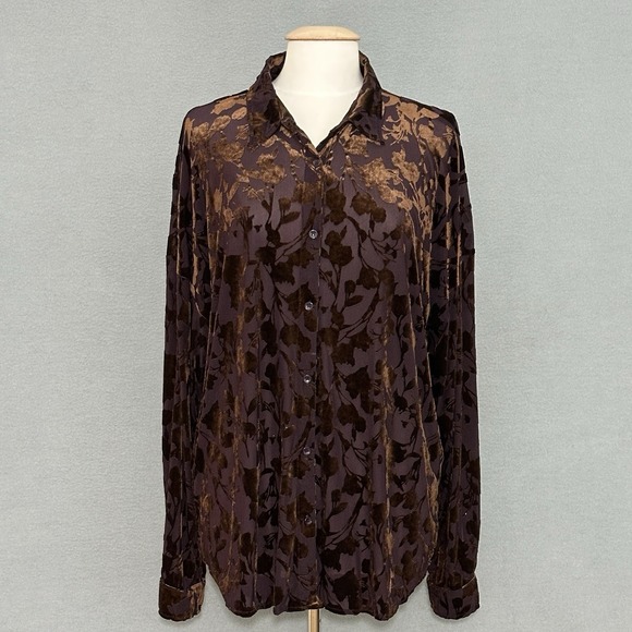 ACOA Y2K Velvet Burnout Blouse Brown Floral Button Front Long Sleeve L - Picture 2 of 11